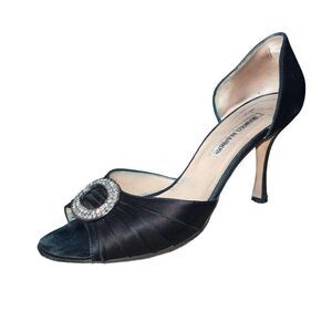 Y2K Manolo Blahnik Died Black Silk Rhinestone Buckle Peep-Toe High-Heel Pump | S